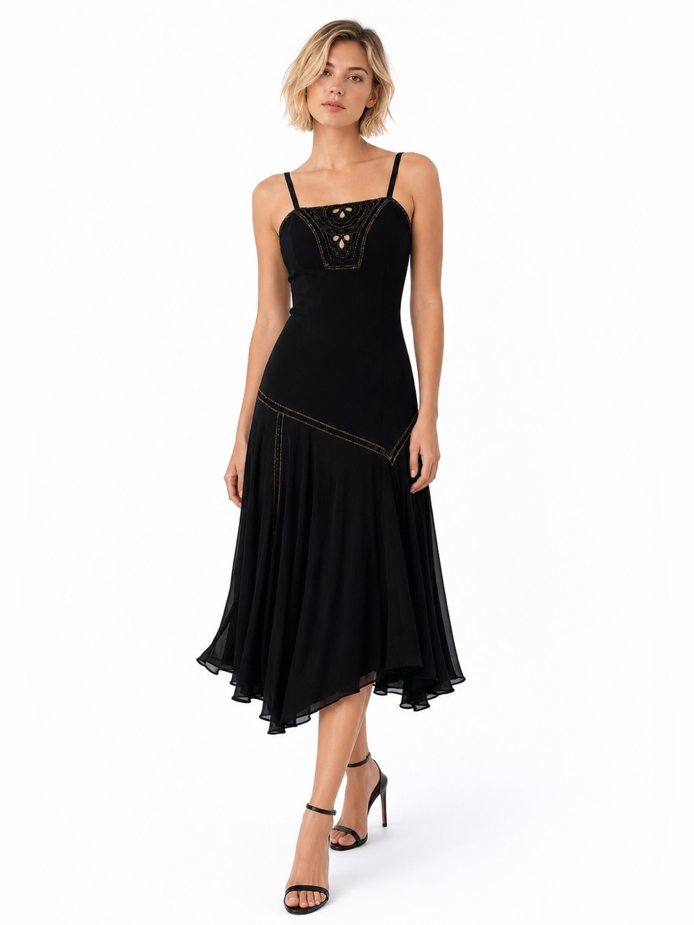 Fenn Wright Manson Dress Black Silk Beaded Embroidery Flowy US10-12